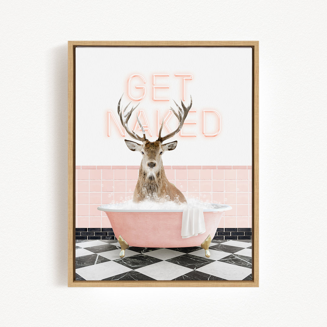 A deer with antlers is sitting in a pink bathtub, surrounded by pink and black checkered tiles, with the text "GET NAKED" displayed above it.
