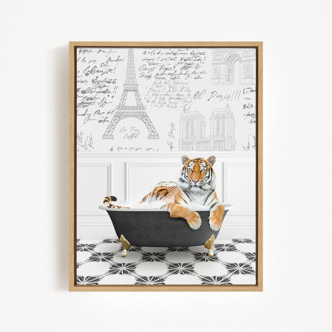 A tiger is sitting in a bathtub, surrounded by various architectural drawings and text, creating a whimsical and artistic scene.