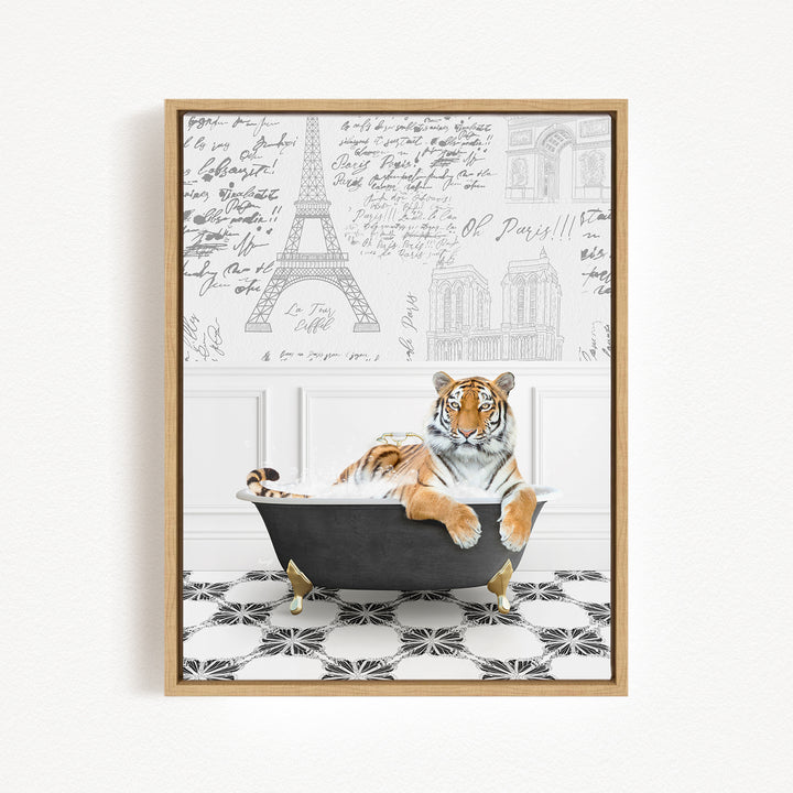 A tiger is sitting in a bathtub, surrounded by various architectural drawings and text, creating a whimsical and artistic scene.