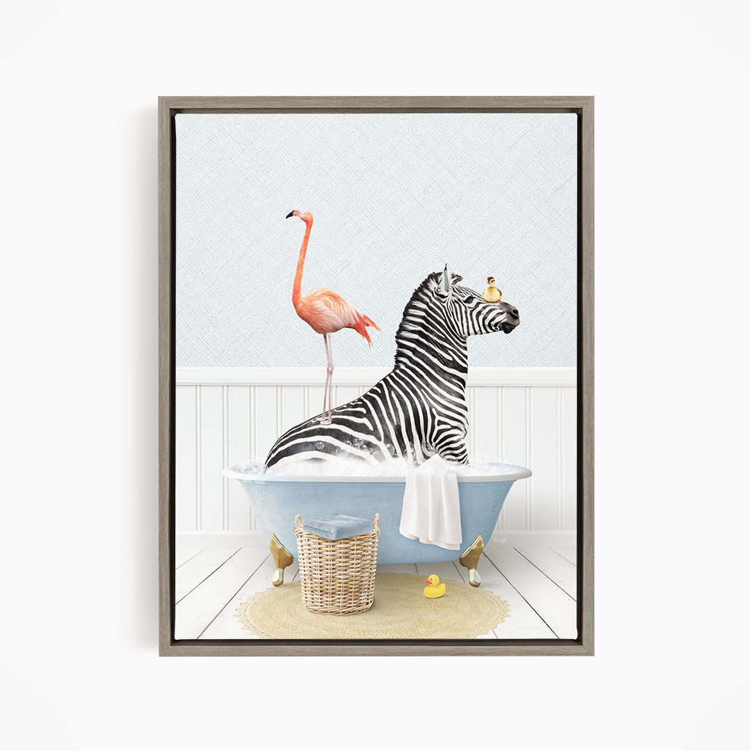A zebra is sitting in a bathtub, surrounded by a pink flamingo and a yellow rubber duck, creating a whimsical and playful scene.