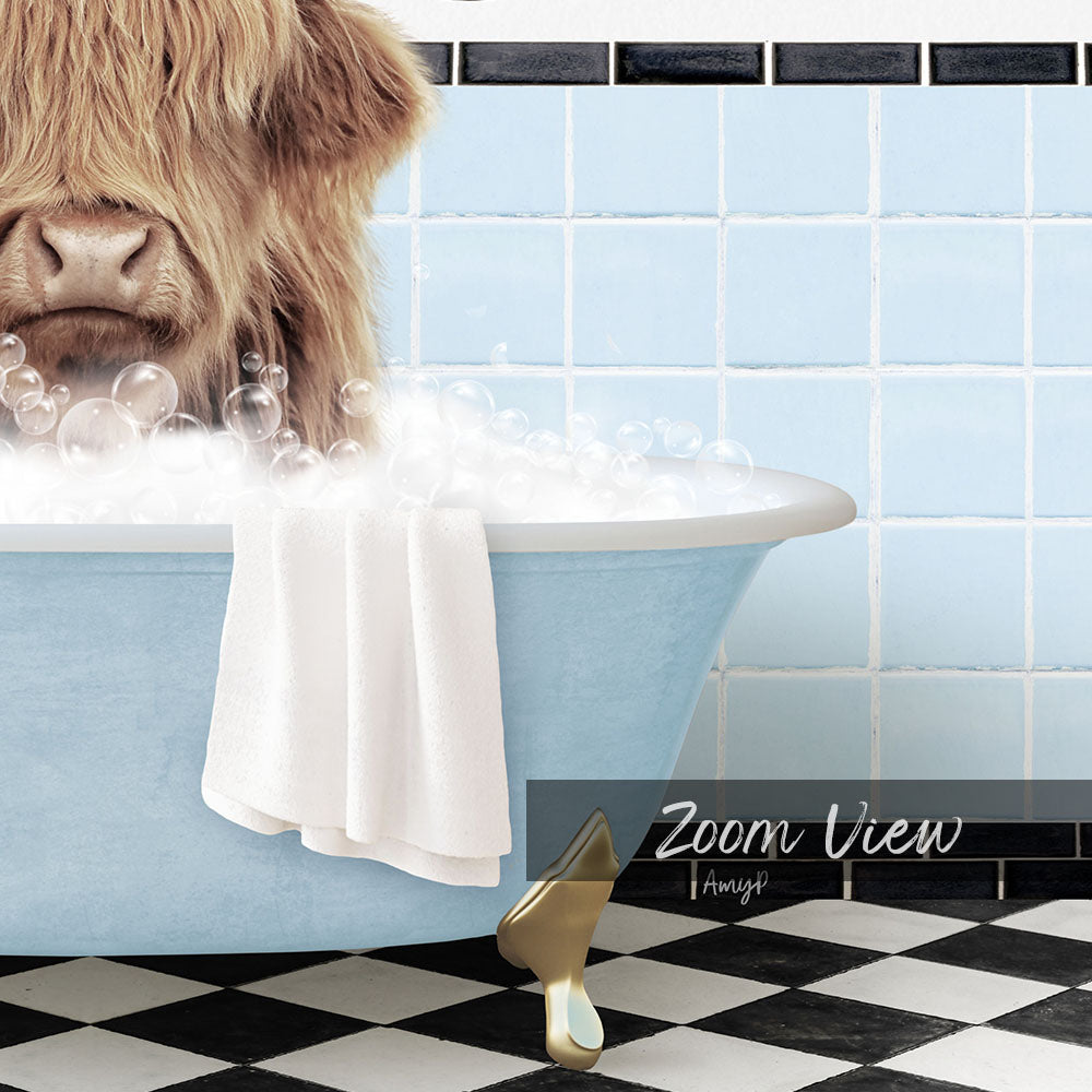 A large, shaggy-haired animal, possibly a yak or a similar furry creature, is sitting in a blue bathtub filled with bubbles, with a towel draped over the side of the tub.