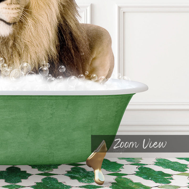 A lion is sitting in a green bathtub filled with bubbles, with a "Zoom View" label visible in the bottom right corner.