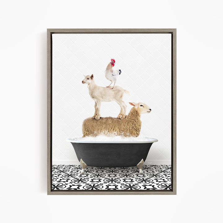 A framed image depicting a sheep standing on a tub filled with water, with a chicken perched on top of the sheep and a lamb standing on the tub's rim.