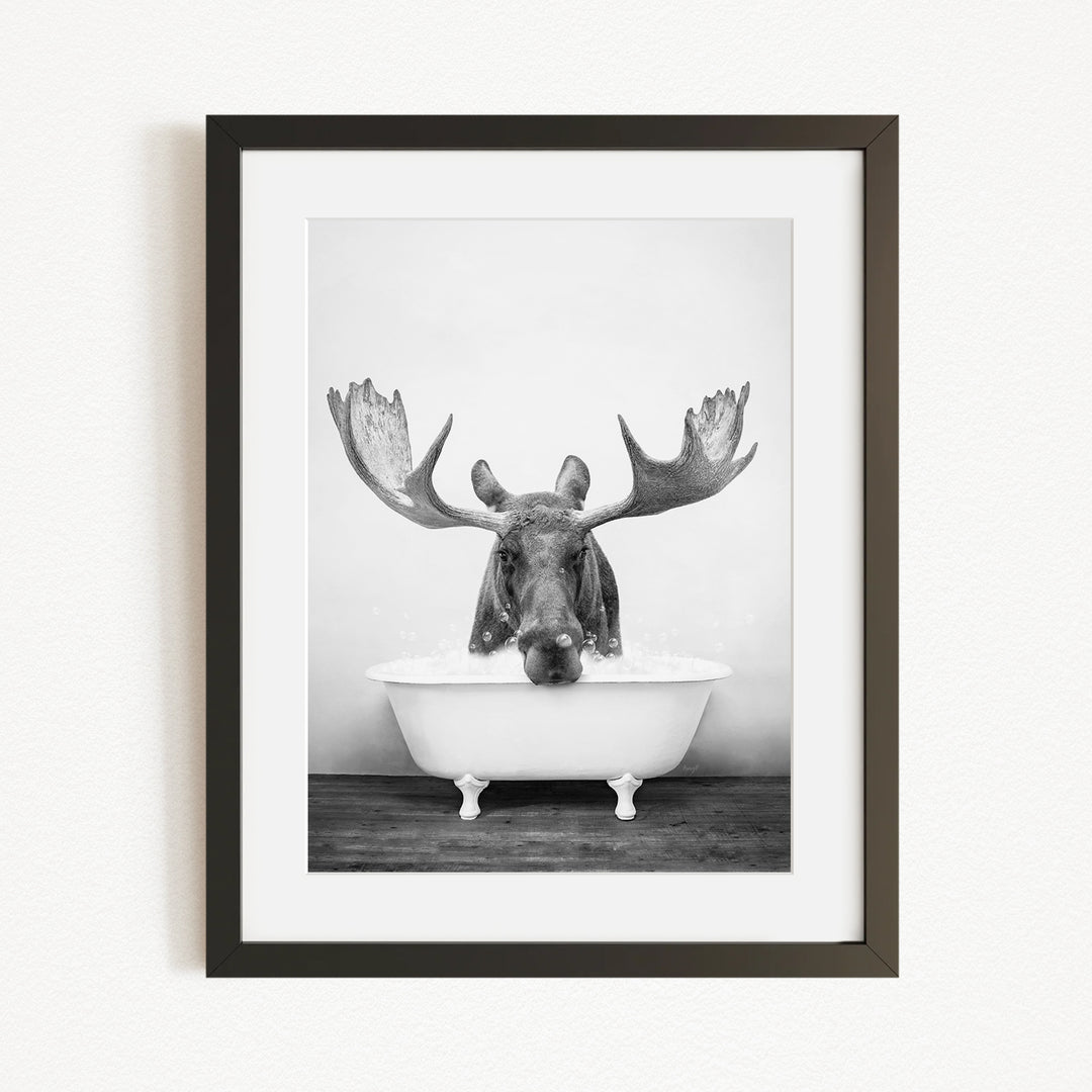 A black and white photograph of a moose with large antlers sitting in a bathtub.
