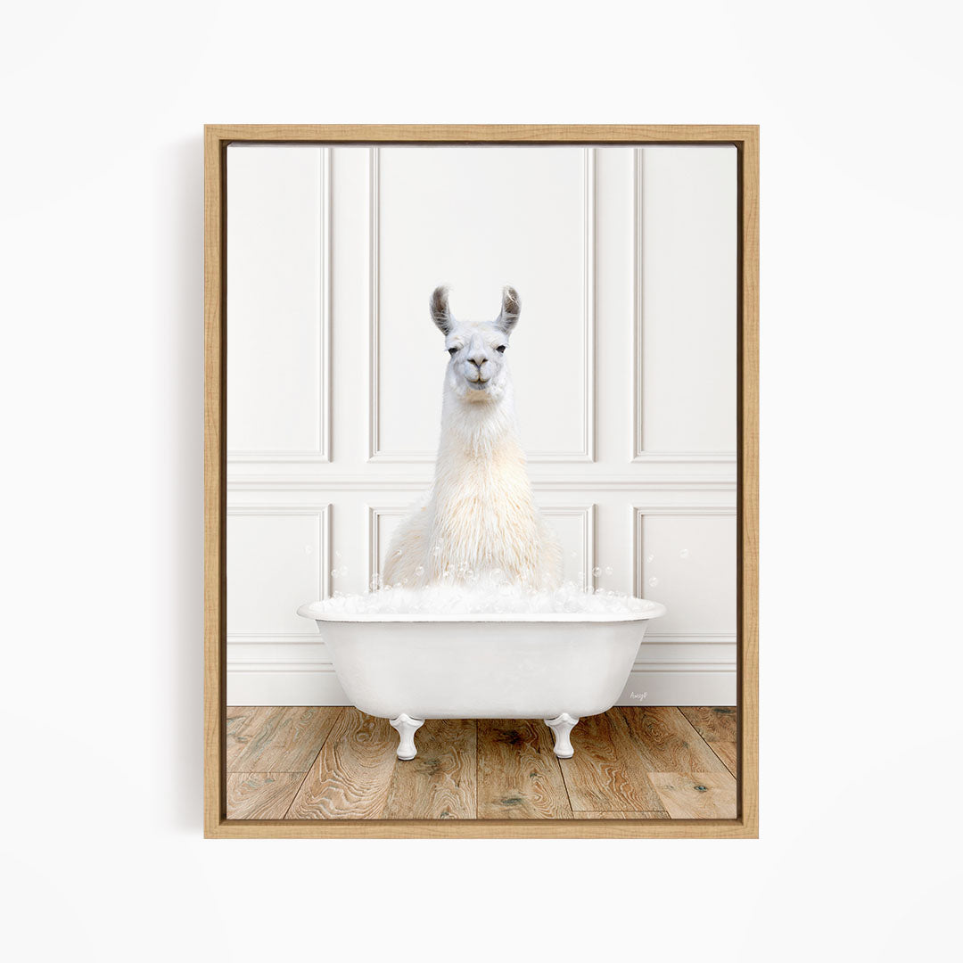 A white llama sitting in a white bathtub filled with bubbles, creating a whimsical and playful scene.