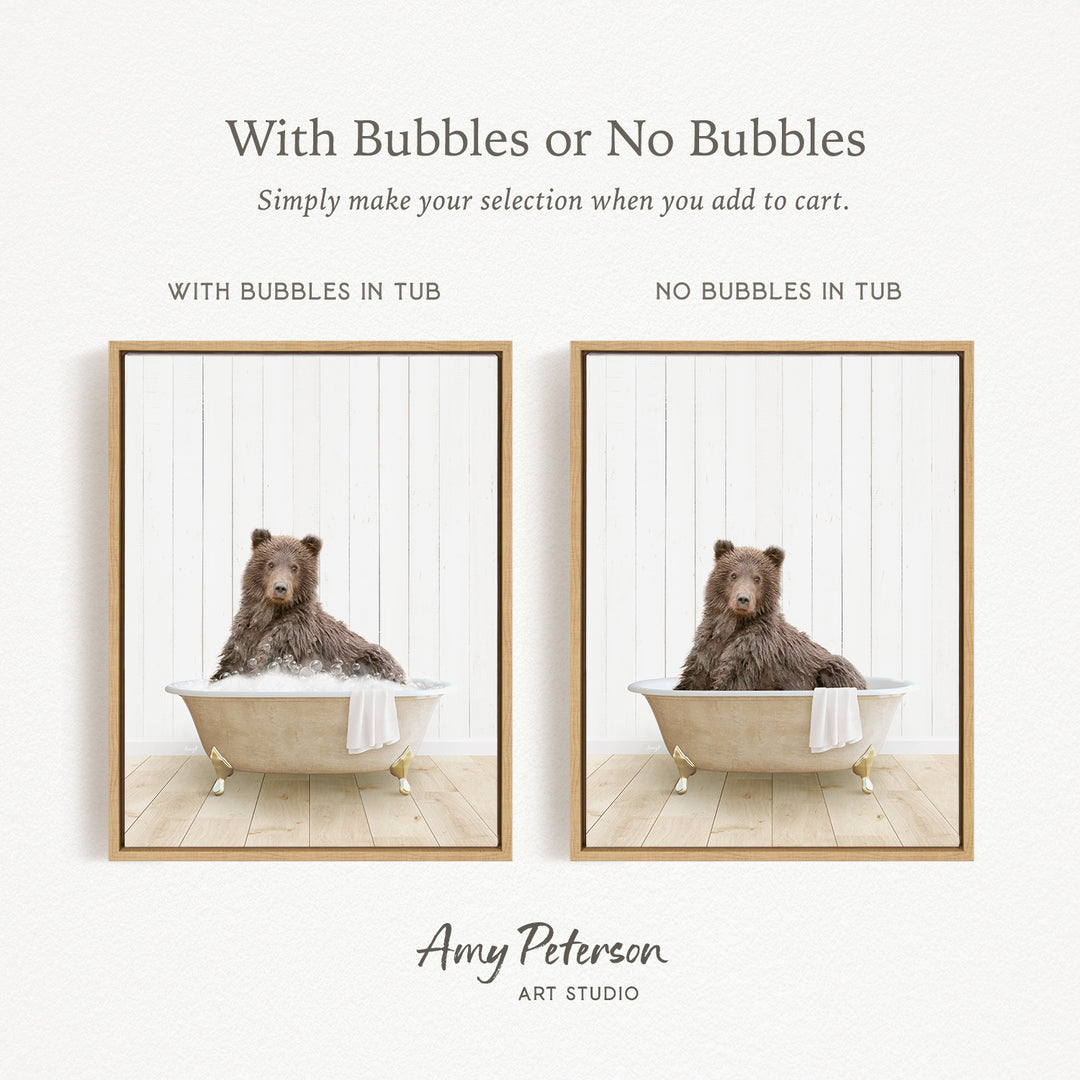 The image is a collage of two pictures featuring a bear sitting in a bathtub. The bear is either sitting or lying down in the tub, with bubbles or no bubbles. The collage is titled "With Bubbles or No Bubbles" and is created by Amy Peterson from Art Studio.