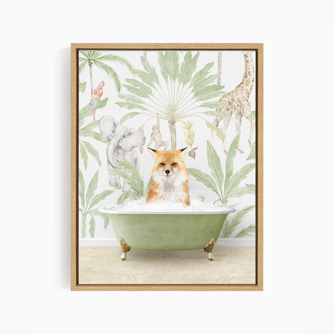A fox is sitting in a green bathtub filled with water, surrounded by various animals such as a giraffe, elephant, and parrot, all set against a tropical wallpaper background.