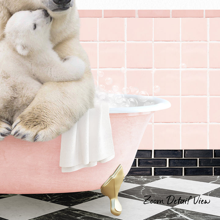 A polar bear is sitting in a pink bathtub, with bubbles around it, and a towel nearby.
