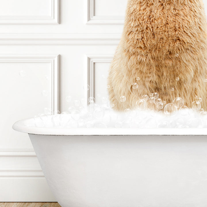 a dog sitting in a bathtub full of bubbles