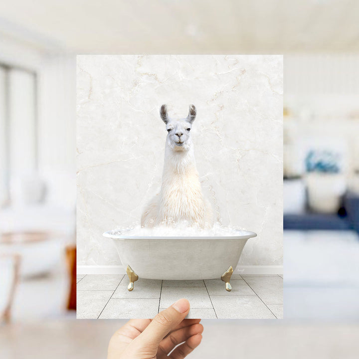 A white llama sitting in a white bathtub filled with bubbles, with a blurred background suggesting a bathroom setting.