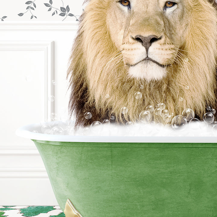 a lion sitting in a bathtub with bubbles