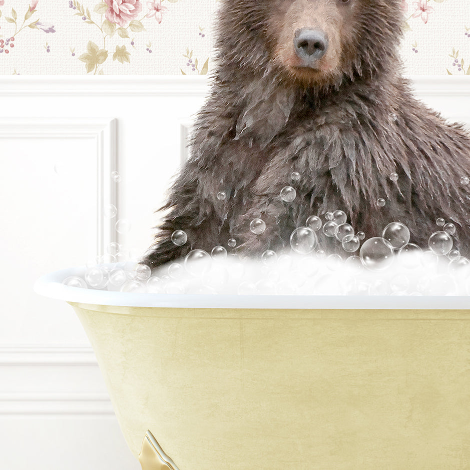 a brown bear sitting in a bathtub filled with bubbles