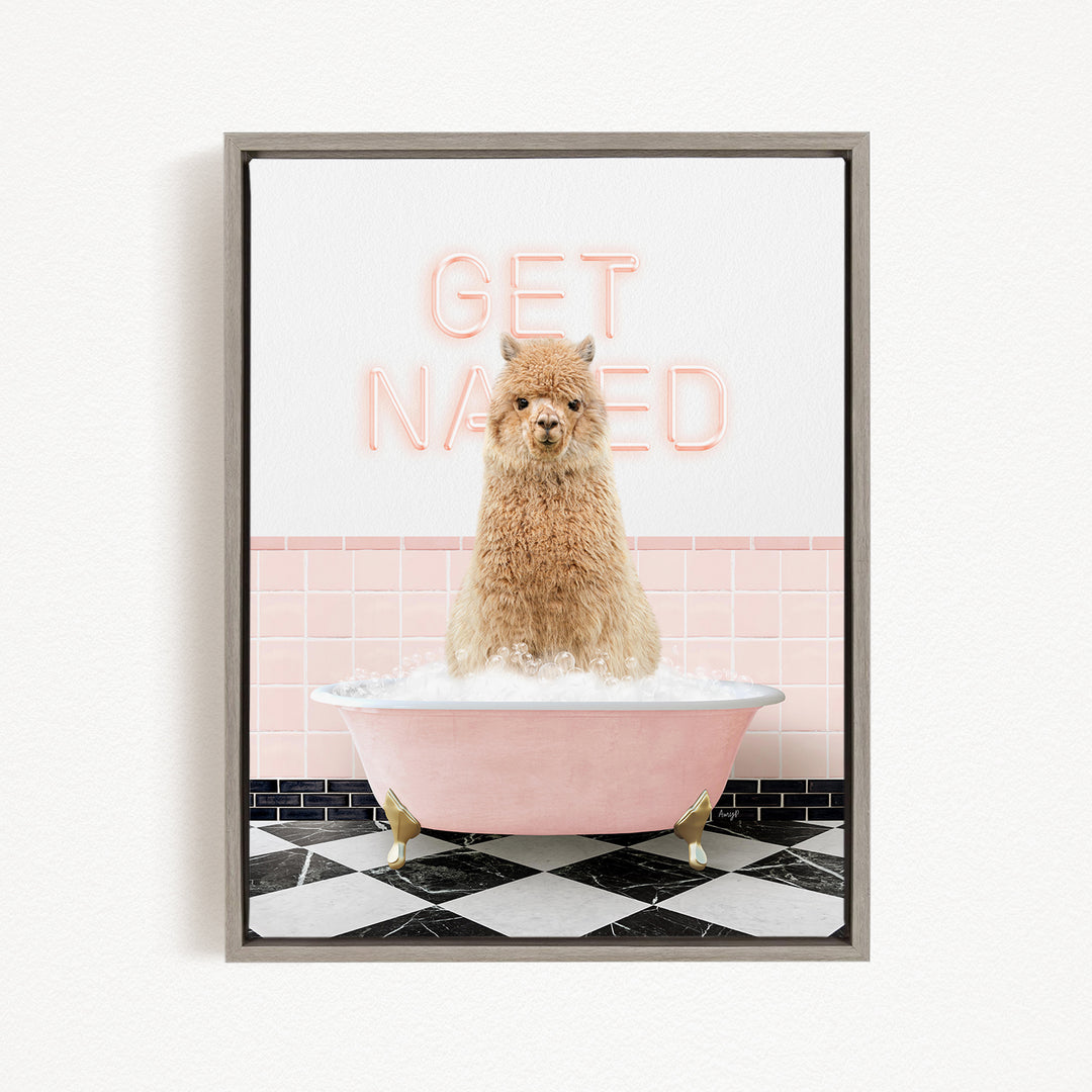 A fluffy brown dog sitting in a pink bathtub filled with bubbles, with the words "GET NAUGED" written in neon pink letters above it.