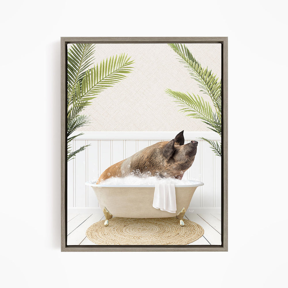 A pig sitting in a bathtub filled with water, surrounded by palm leaves, creating a whimsical and playful scene.