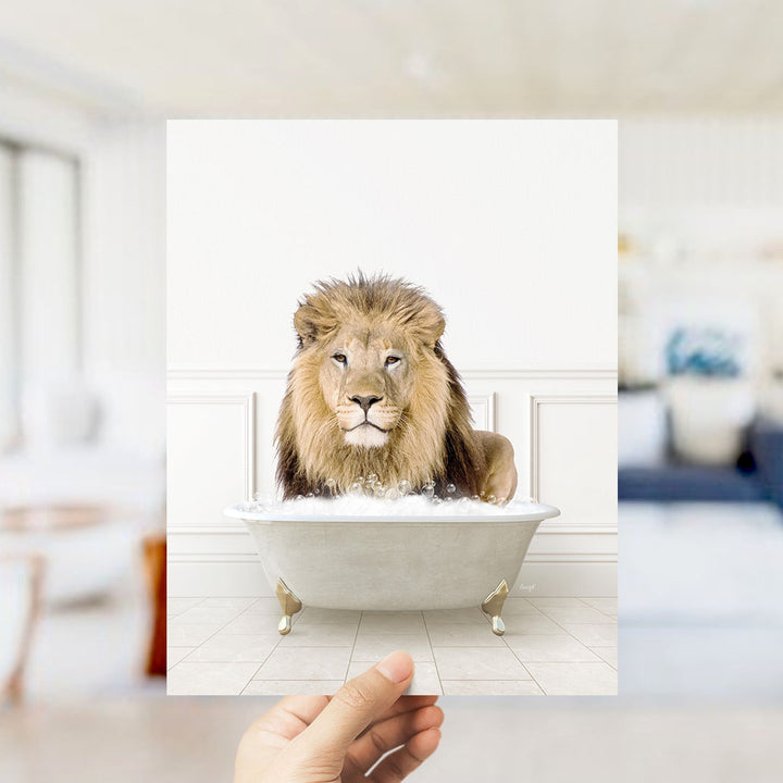 A lion sitting in a bathtub filled with water, surrounded by a white interior.