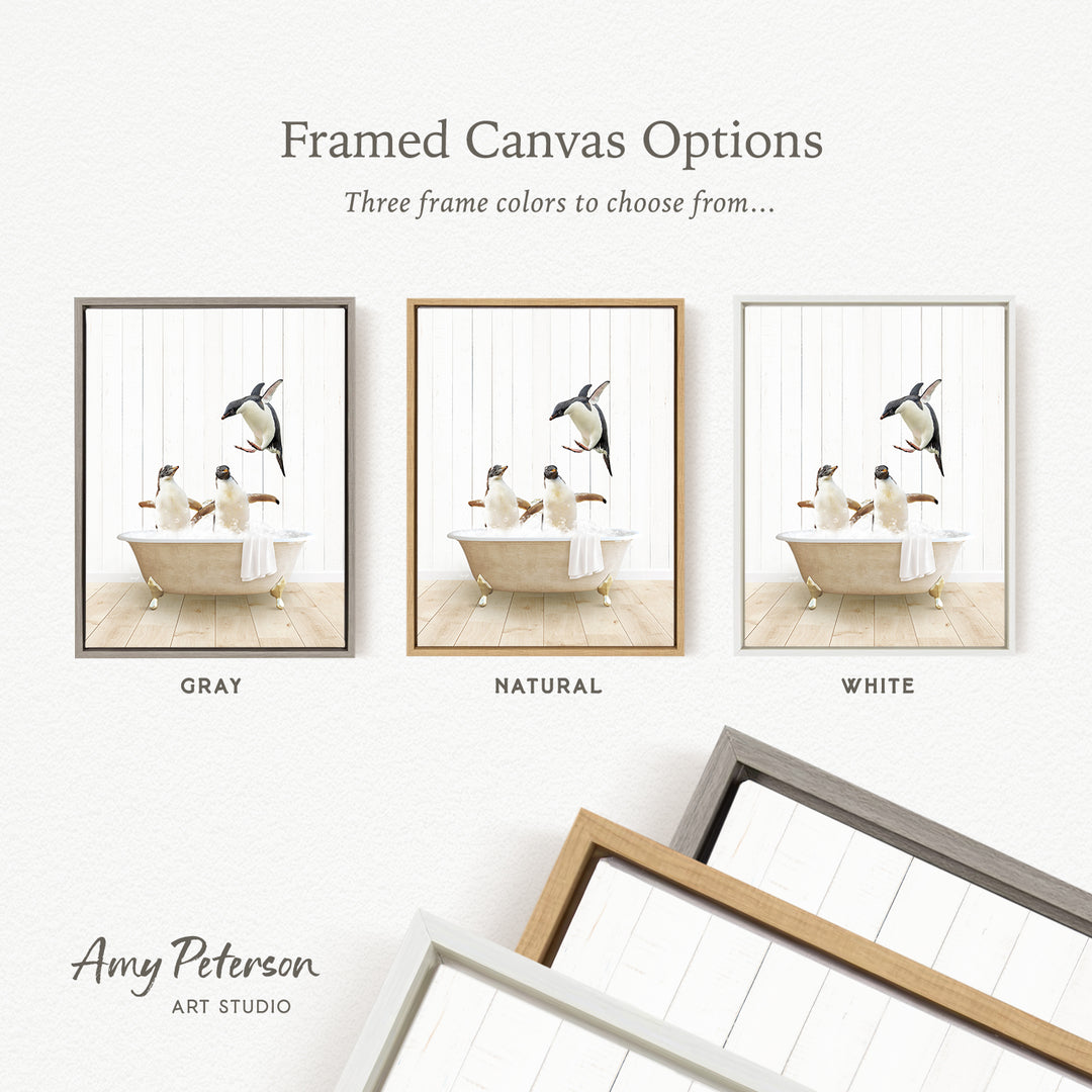 The image is a framed canvas option showcasing three different frame colors: gray, natural, and white. The canvas displays a scene of three people in a bathtub, with one person sitting in the tub and two others standing nearby.