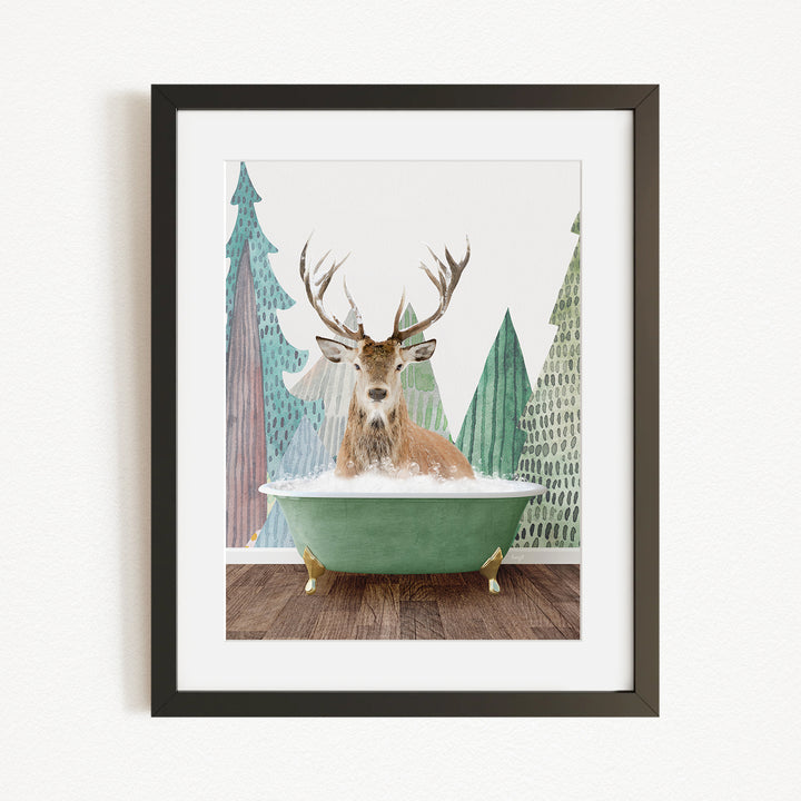 A deer with antlers is sitting in a green bathtub, surrounded by a forest scene with trees and a snowy landscape.
