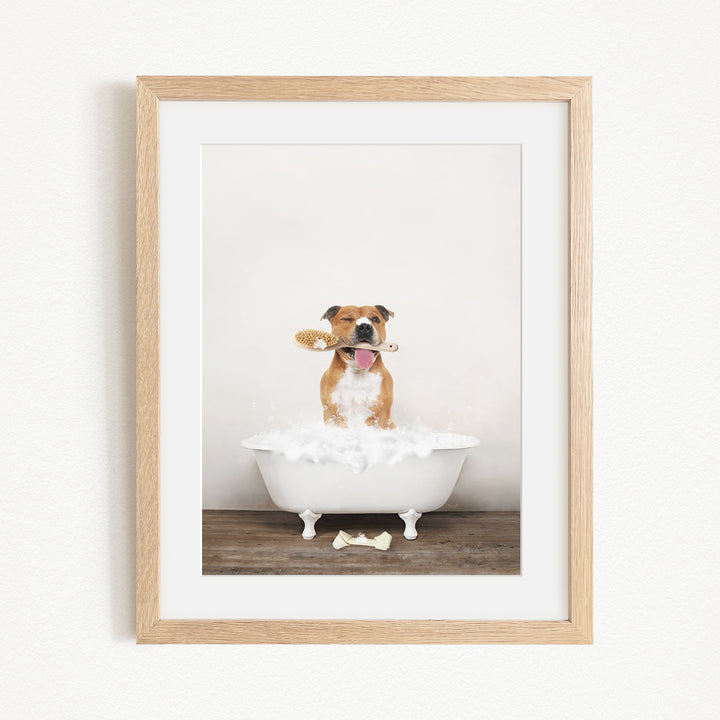 A brown and white dog sitting in a white bathtub, holding a brush in its mouth, with a bone on the floor.