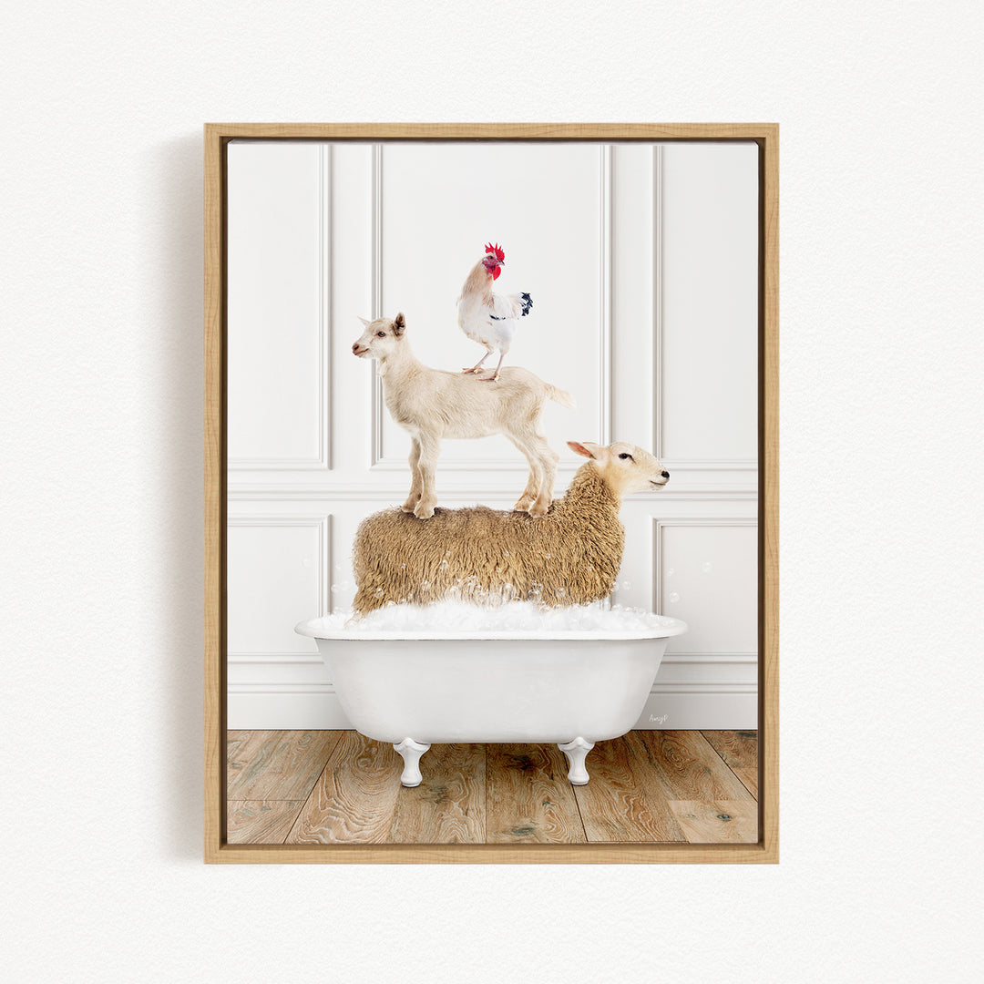 A white goat stands on top of a brown sheep in a white bathtub, with a rooster perched on the sheep's back.