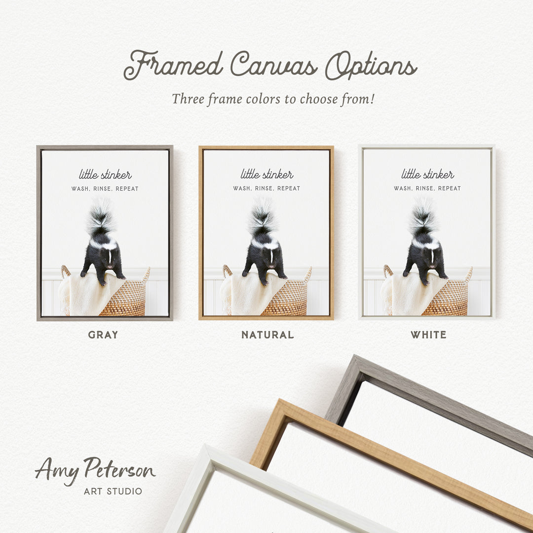 The image is a framed canvas options advertisement for Amy Peterson's Art Studio, featuring three different framed canvas options with a black and white image of a skunk.