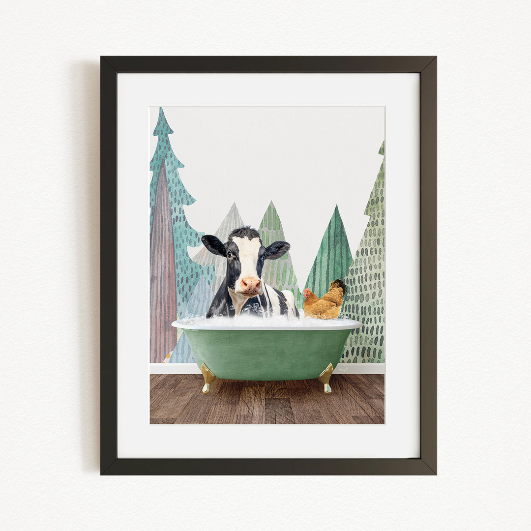 A black and white cow is sitting in a green bathtub, surrounded by a chicken and a bird, with a forest-like background.