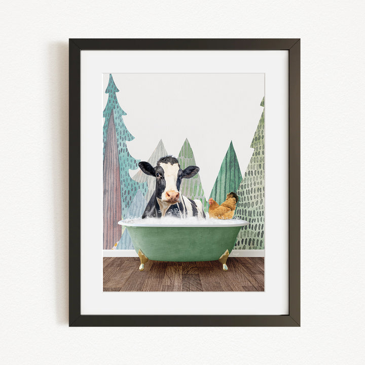 A black and white cow is sitting in a green bathtub, surrounded by a chicken and a bird, with a forest-like background.