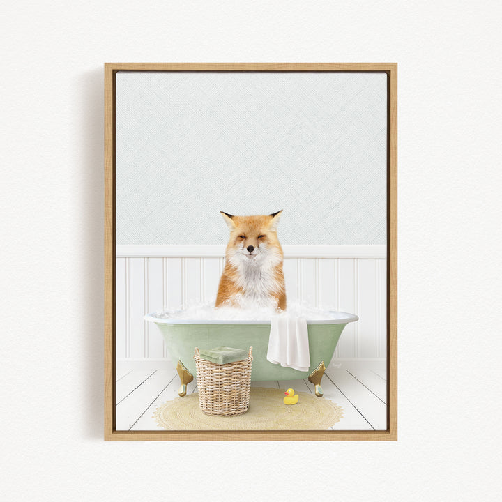 A red fox is sitting in a green bathtub filled with bubbles, surrounded by rubber ducks and a basket.