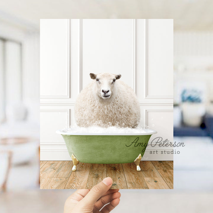 a sheep sitting in a bathtub in a room