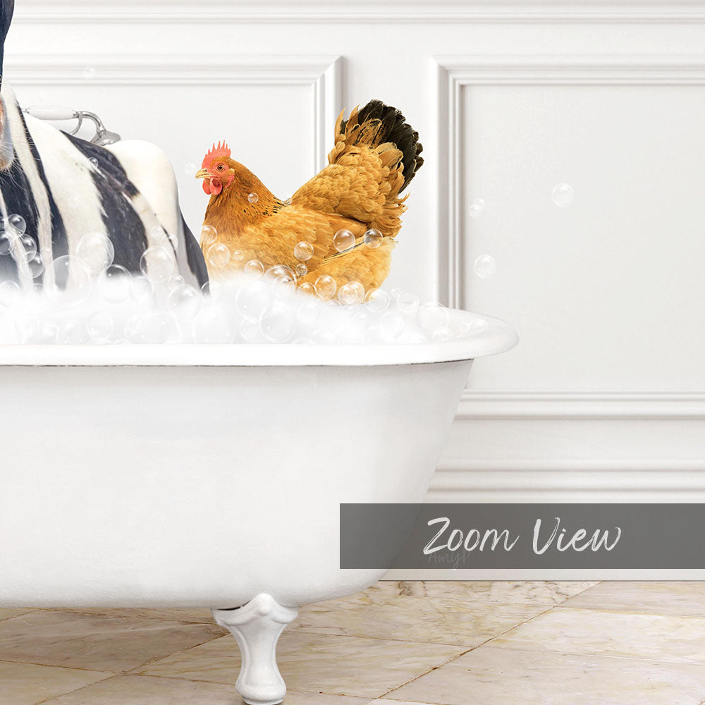 A white bathtub filled with bubbles, with a chicken standing inside and enjoying the bath.
