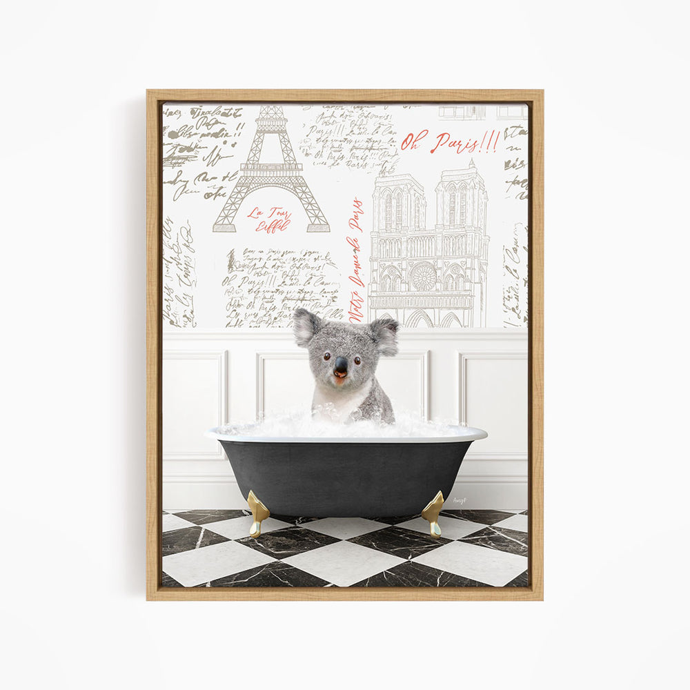 A koala bear sitting in a bathtub filled with water, surrounded by various texts and illustrations related to Paris.
