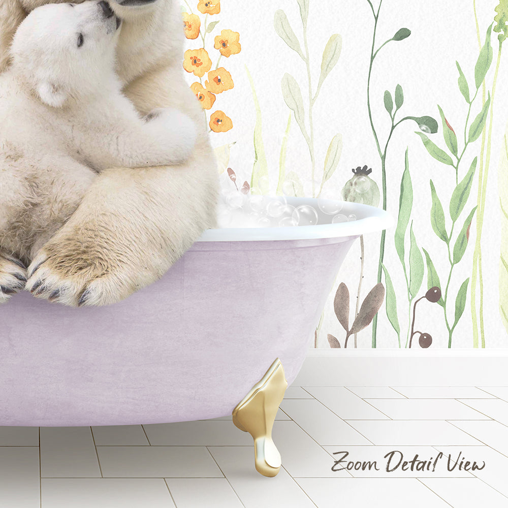 A polar bear is sitting in a bathtub, with a plant and flowers in the background.