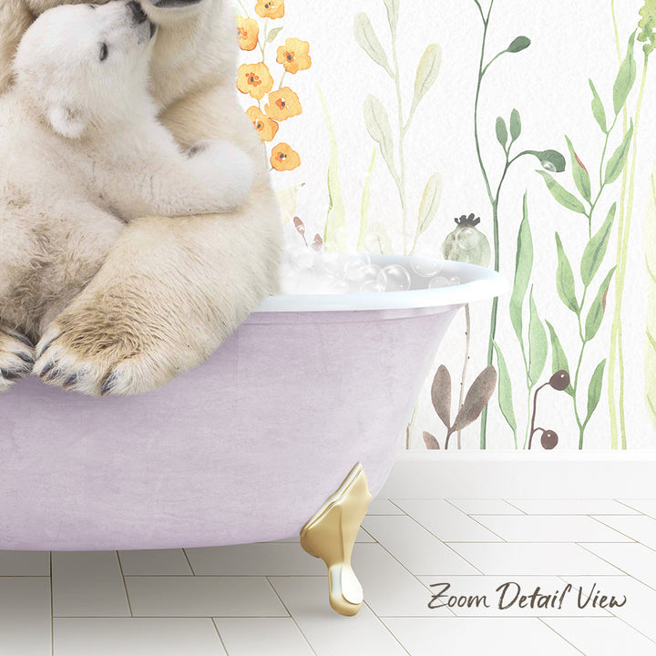 A polar bear is sitting in a bathtub, with a plant and flowers in the background.