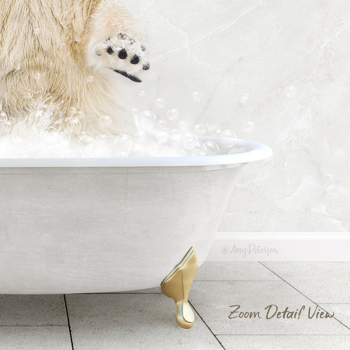 A polar bear standing in a bathtub filled with bubbles, with its paw raised above the water.