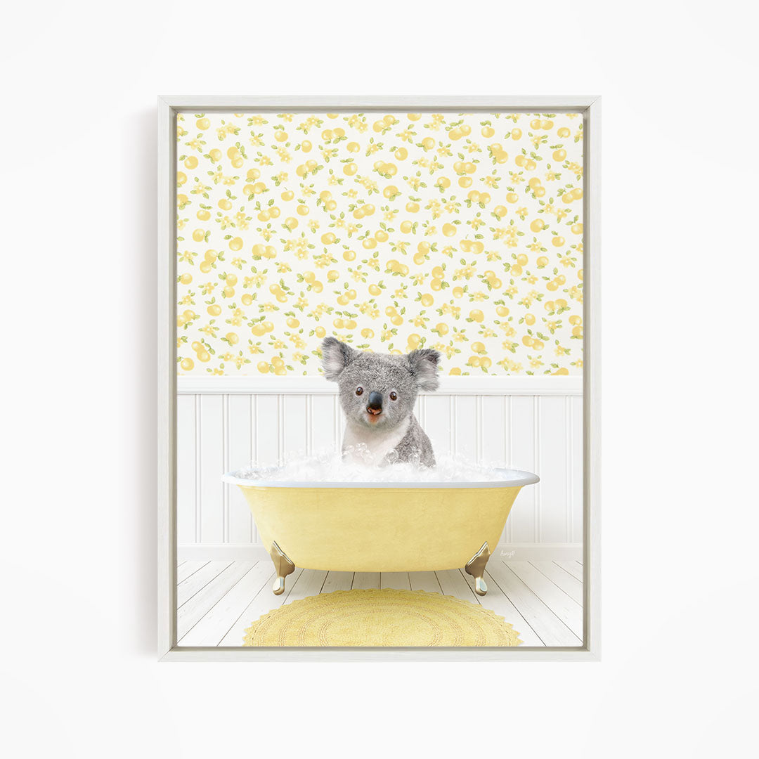 A koala bear sitting in a yellow bathtub filled with water, surrounded by a yellow floral wallpaper.