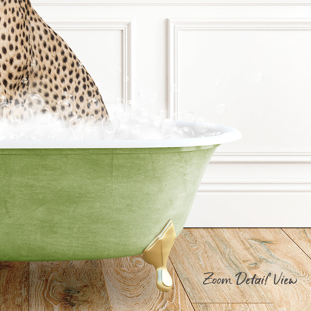 A leopard print bathtub filled with bubbles, placed on a wooden floor.