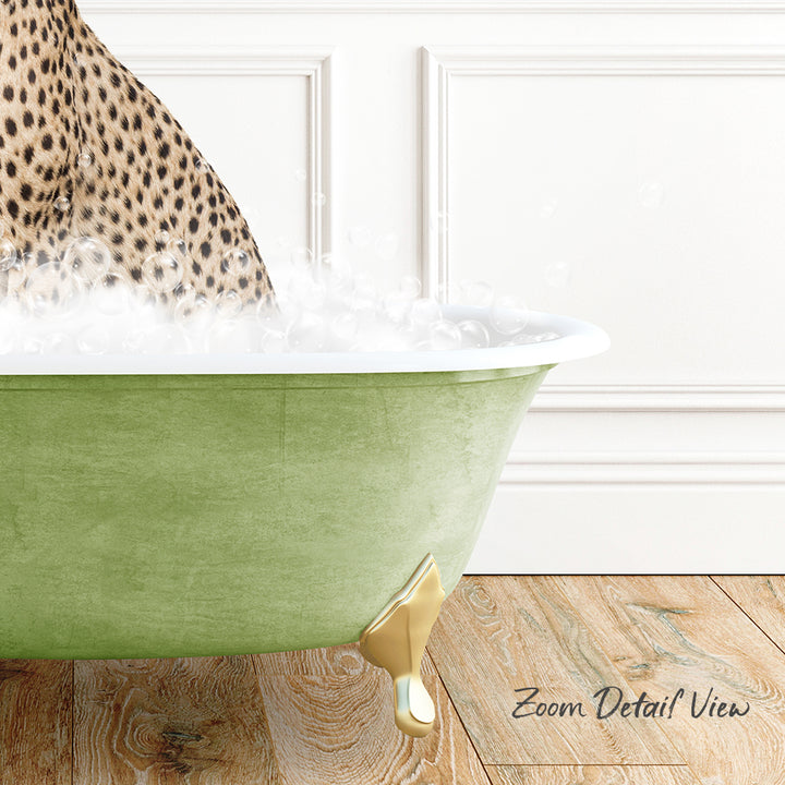 A leopard print bathtub filled with bubbles, placed on a wooden floor.