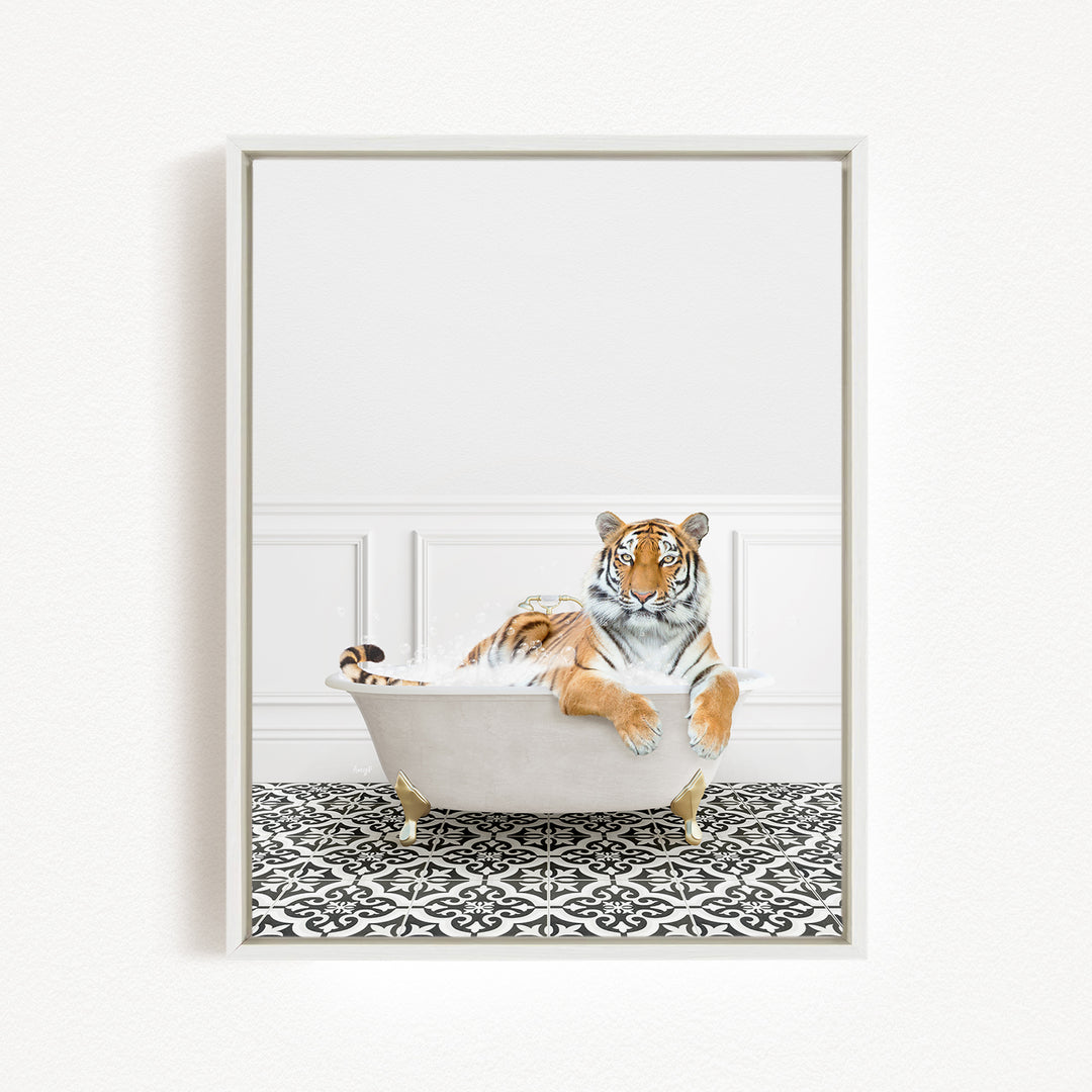A tiger is sitting in a white bathtub, appearing relaxed and comfortable.