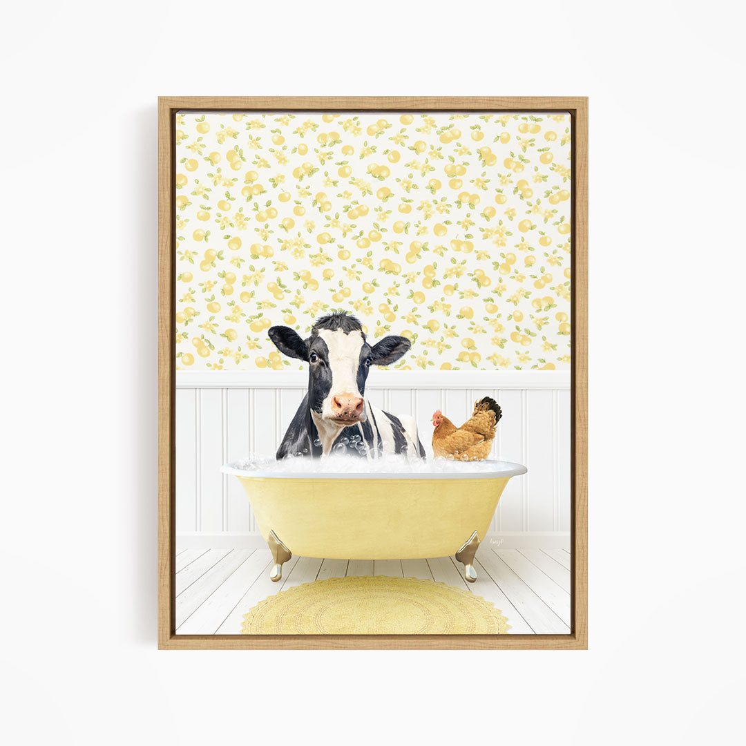 A cow is sitting in a yellow bathtub, surrounded by a chicken and a rooster, with a yellow floral wallpaper in the background.