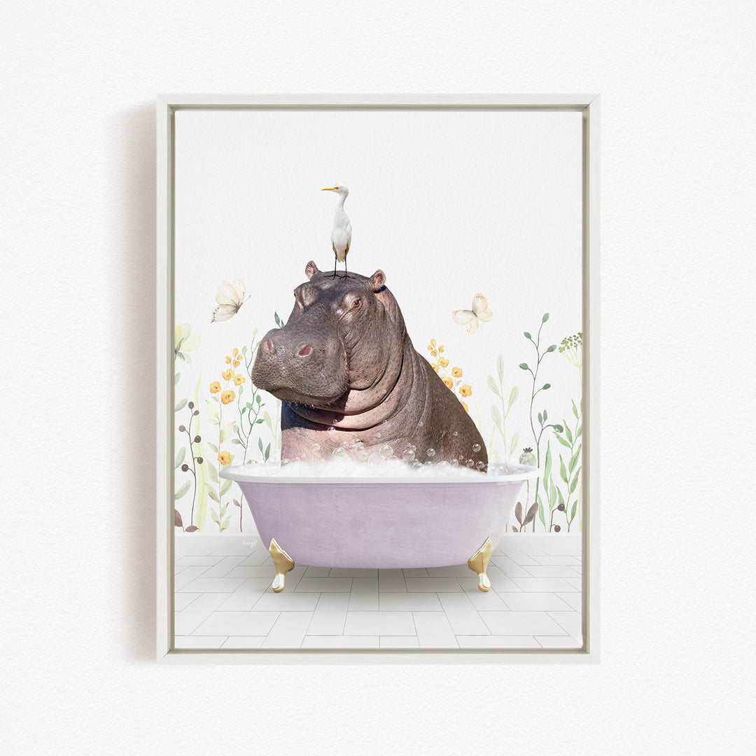 A hippopotamus sitting in a bathtub, with a seagull perched on its head, surrounded by flowers and butterflies.