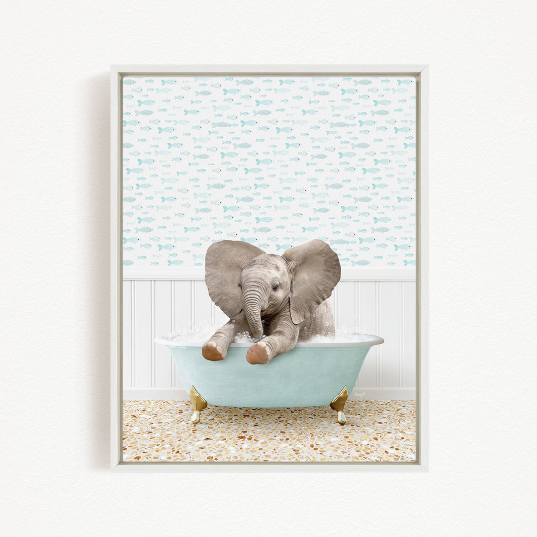 A baby elephant sitting in a bathtub filled with water, surrounded by a pattern of fish.