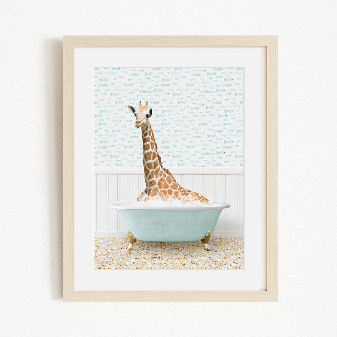 A giraffe sitting in a light blue bathtub, surrounded by a patterned wall and floor.