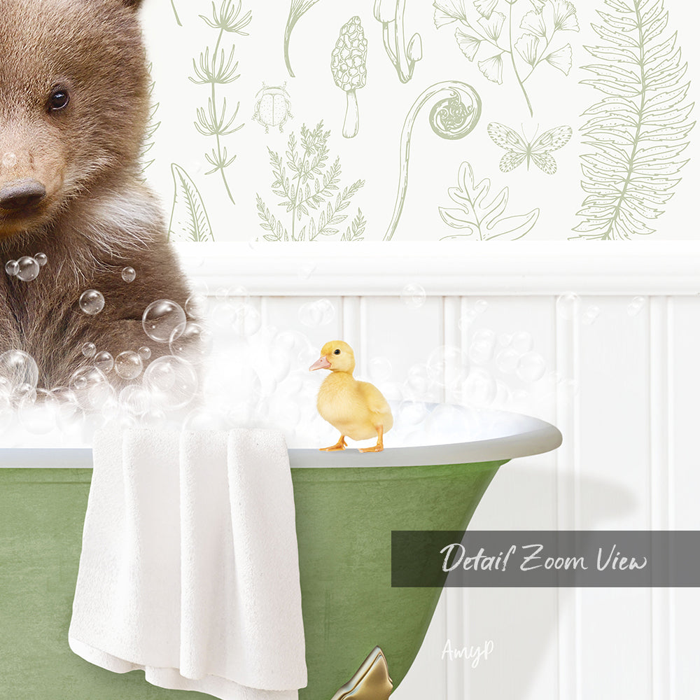 A brown bear is sitting in a green bathtub filled with bubbles, with a yellow duck standing on the edge of the tub.