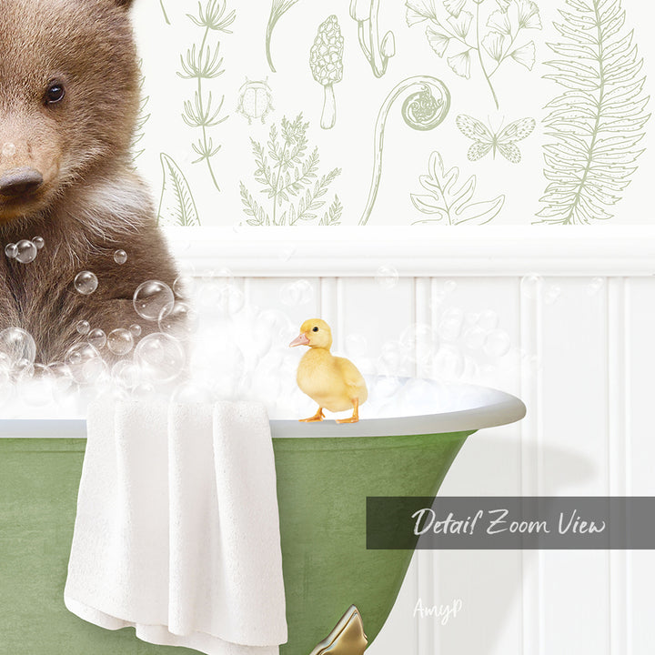 A brown bear is sitting in a green bathtub filled with bubbles, with a yellow duck standing on the edge of the tub.