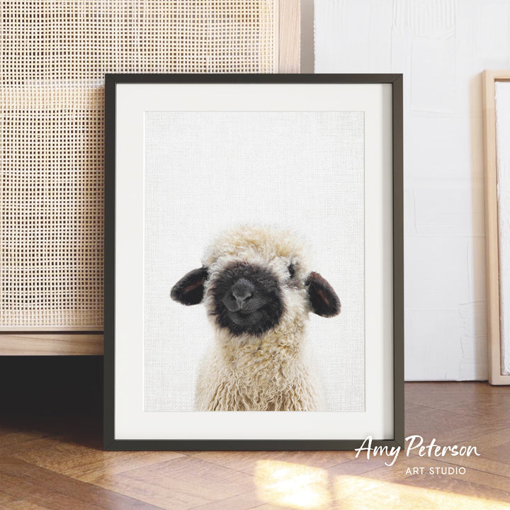 A framed photograph of a fluffy, black-faced sheep is displayed on a wooden floor in front of a woven basket.
