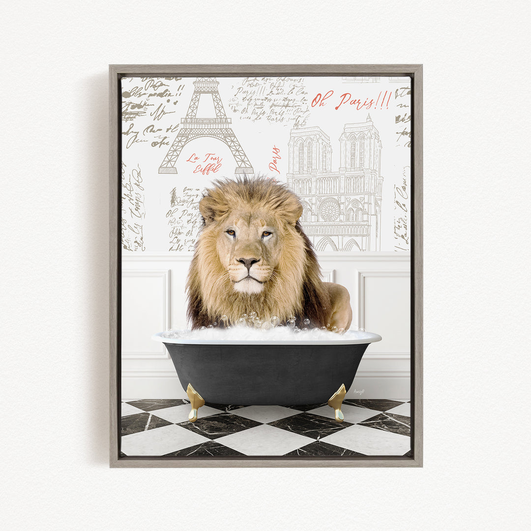A lion is sitting in a bathtub filled with water, surrounded by a checkered floor and a wall with the Eiffel Tower and other Parisian landmarks.