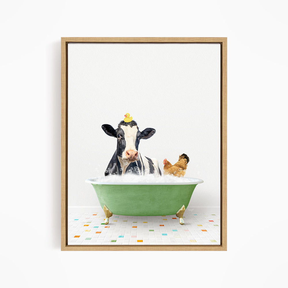 A black and white cow with a yellow duck on its head is sitting in a green bathtub, surrounded by a chicken and a duck.