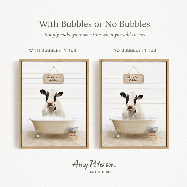 The image is a collage of two pictures featuring a cow sitting in a bathtub. The cow in each picture has a sign hanging above it that says "Wash Your Wander".