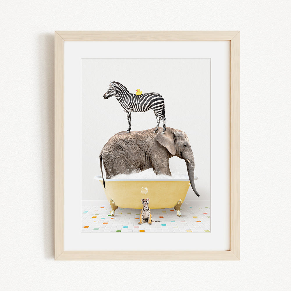 A zebra stands on top of an elephant in a yellow bathtub, with a small cat sitting on the edge of the tub.