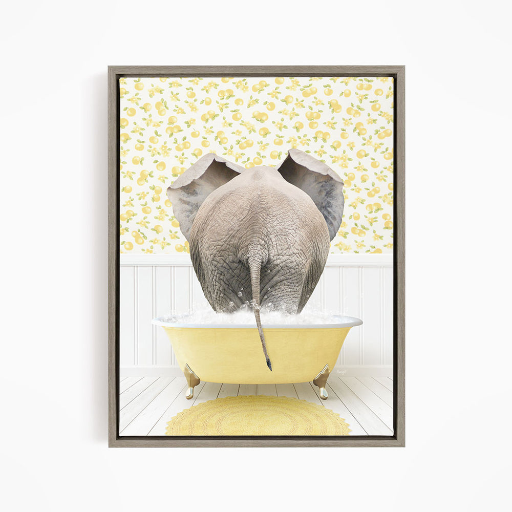 An elephant is taking a bath in a yellow bathtub, surrounded by a yellow and white floral patterned wall.