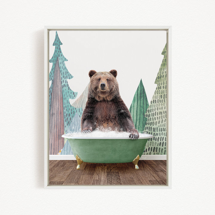 A brown bear sitting in a green bathtub, surrounded by trees and a forest-like background.